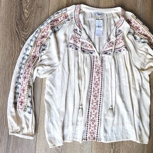 American Eagle Cream Long Sleeve Flowy Tee Shirt Boho Festival Top NWT Large